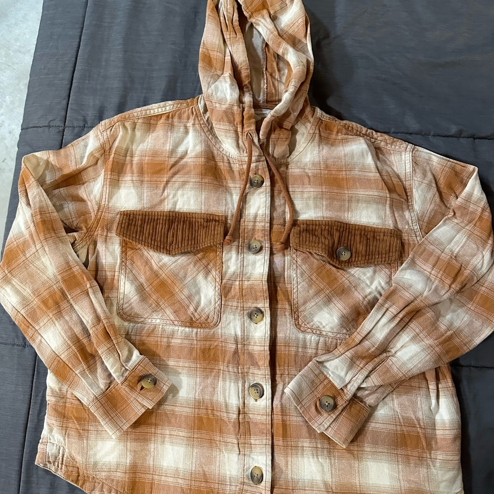 Maurices Hooded Plaid Button-Up Shacket in Rust & Cream
